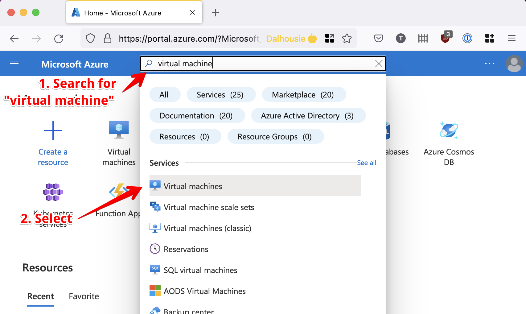 Search for virtual machine in the Azure Portal
